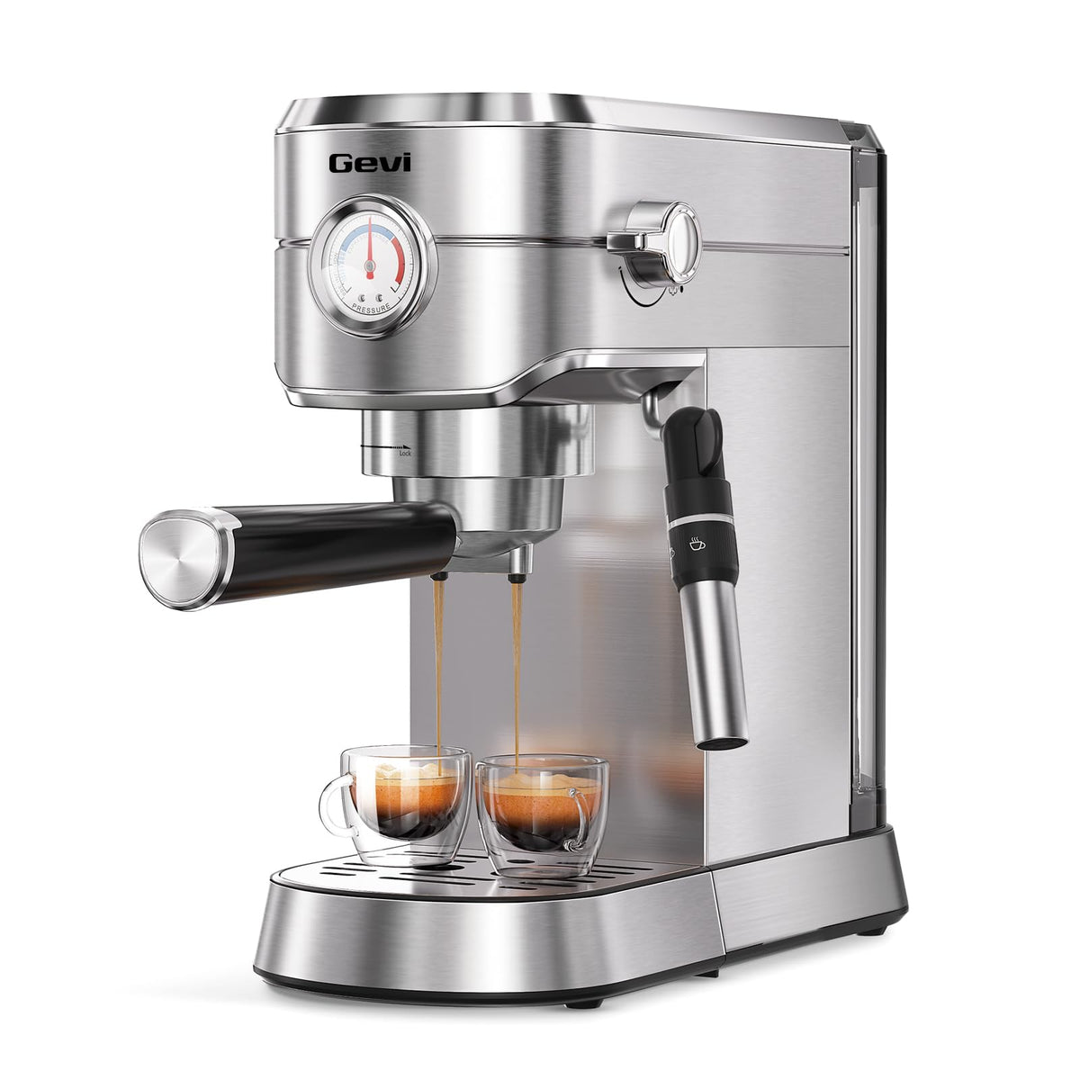 Gevi espresso machine with 20-bar auto frother for cafe-style drinks at home.