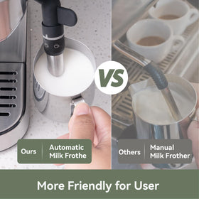 Gevi steam wand froths milk and heats to ideal temperature.