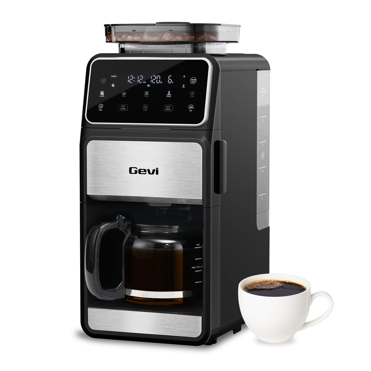 Gevi Grind & Brew touchscreen panel enabling quick, precise brewing control