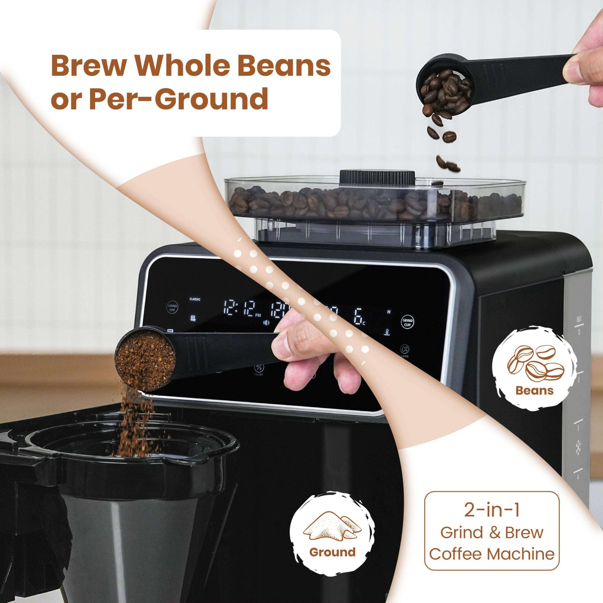 Gevi burr system with grind-cup programming for balanced brews