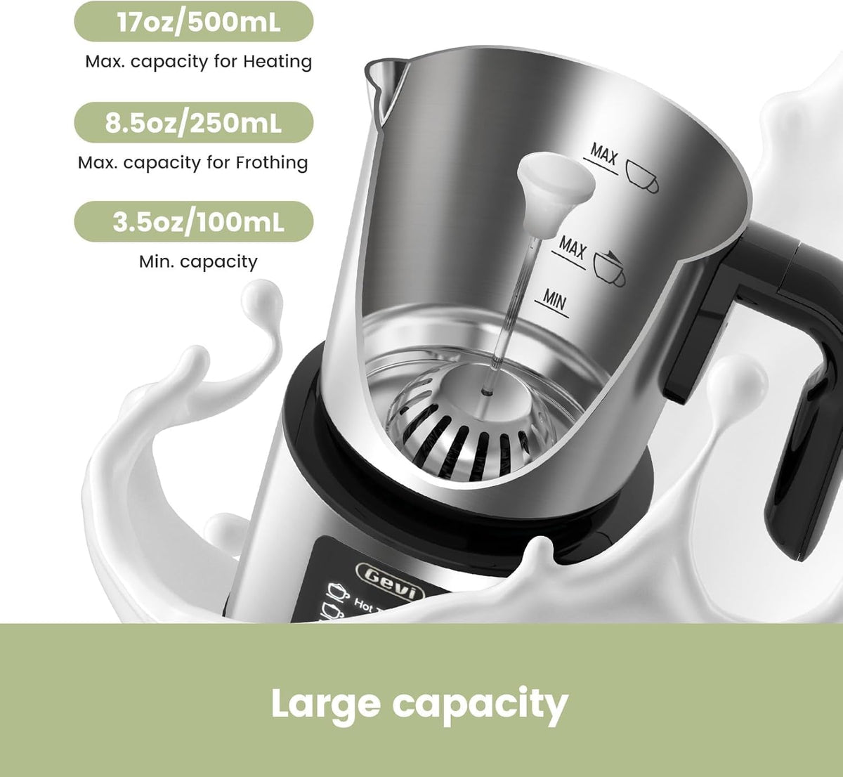 Gevi Milk Frother easy-clean cup rinses quickly after frothing.