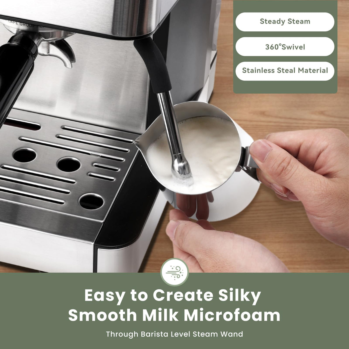 Gevi steam wand froths milk for velvety lattes and cappuccinos.