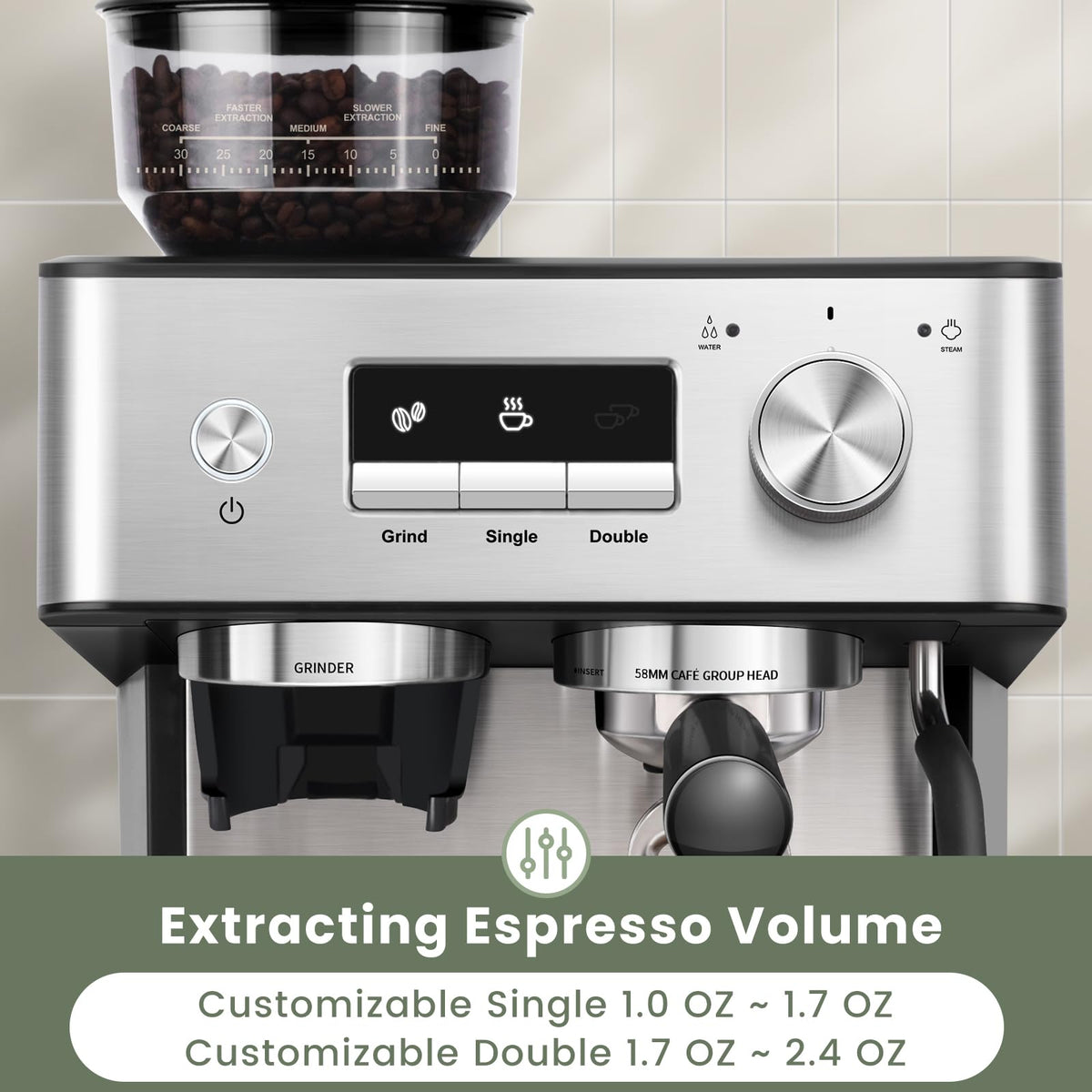 Gevi NTC-PID temperature control for stable brewing and steaming.