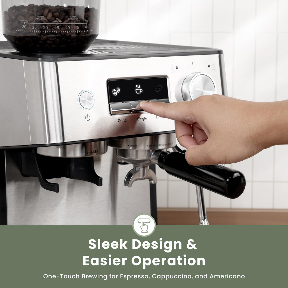 Gevi single/double shot selector for versatile beverages.