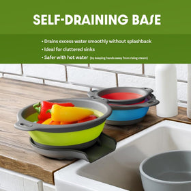 Gevoli colander with self-draining base keeps counters dry during rinsing.