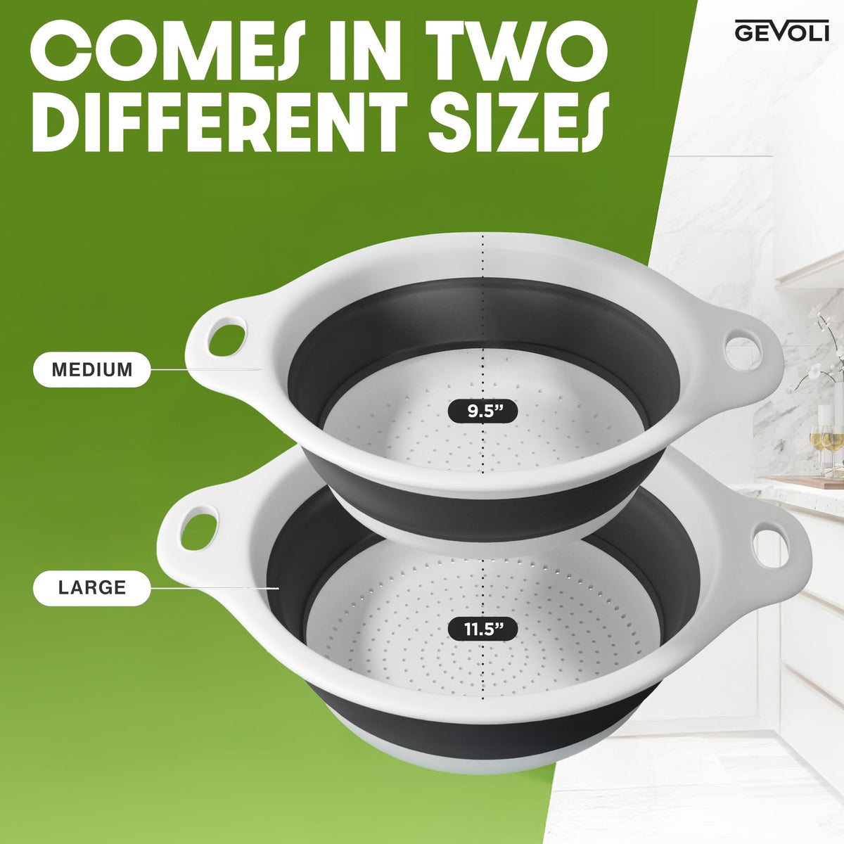 Gevoli collapsible colander compact storage saves cabinet space.