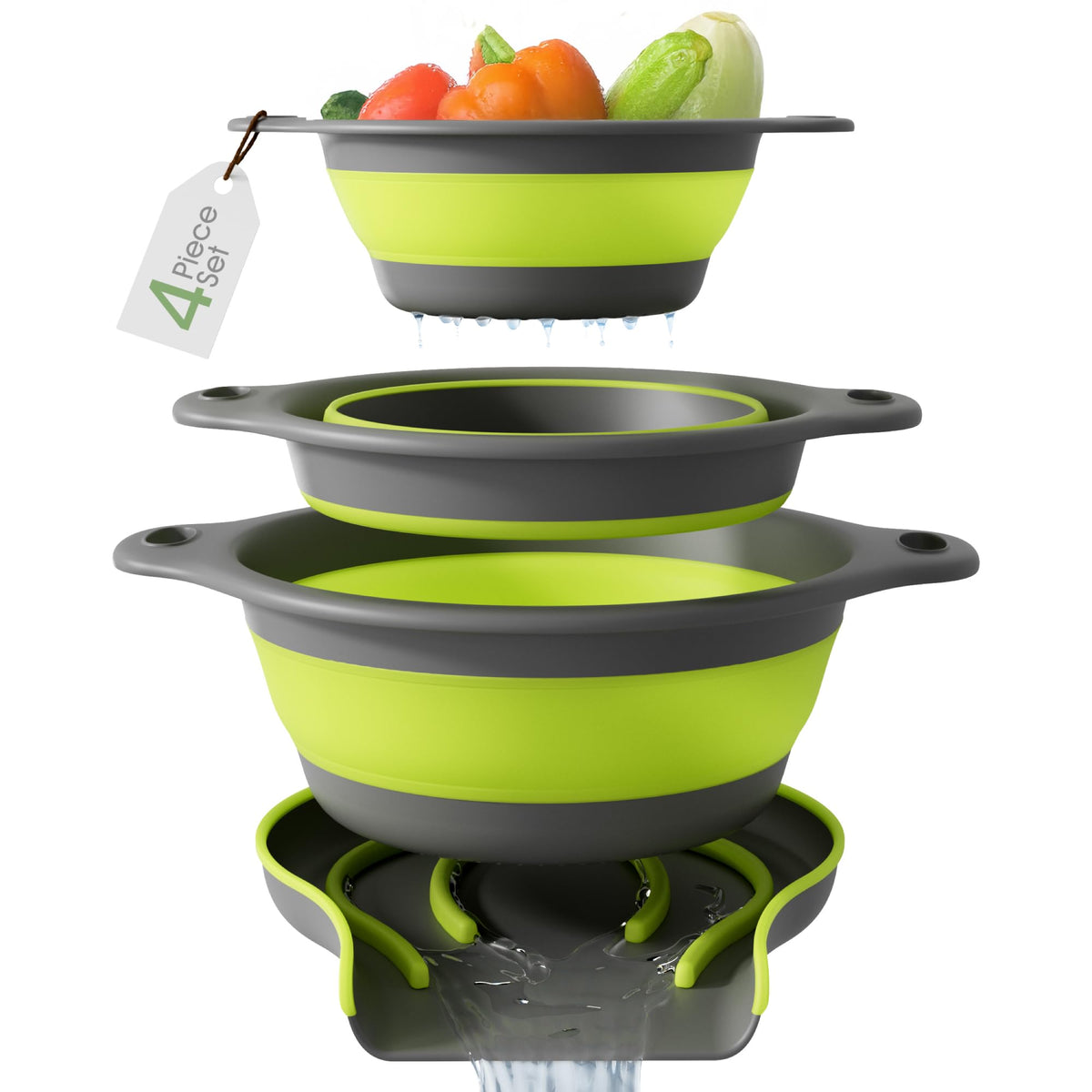 Gevoli collapsible colander large with self-draining base, ideal for rinsing large batches.