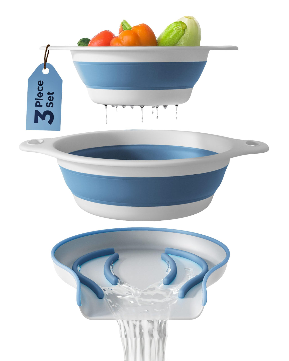 Gevoli collapsible colander large with draining tray for pasta rinsing.
