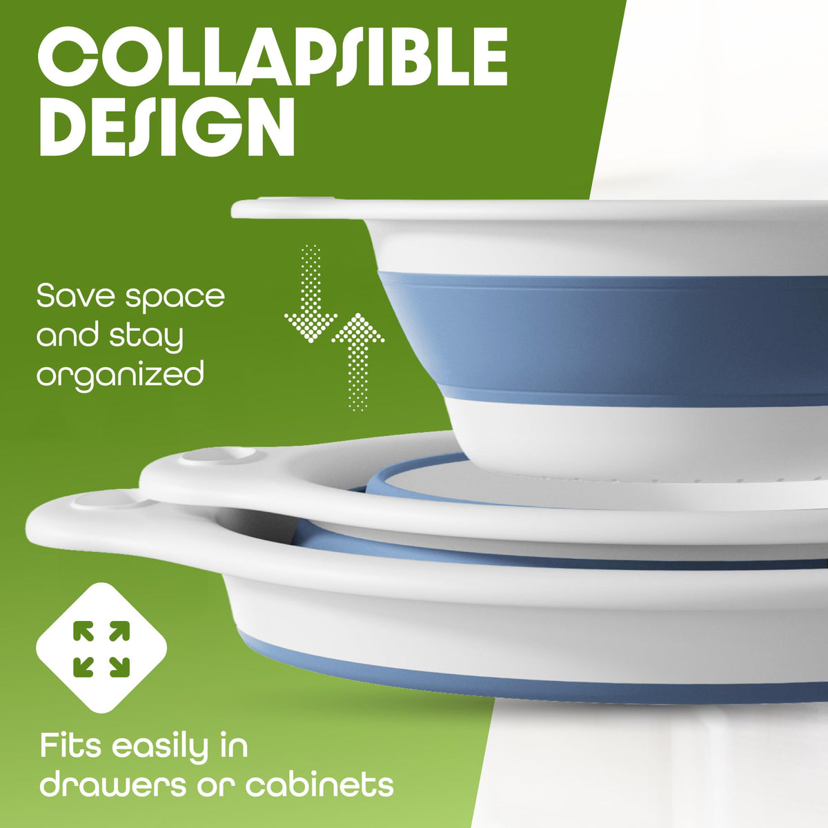 Gevoli draining tray beneath a colander channeling water into the sink.