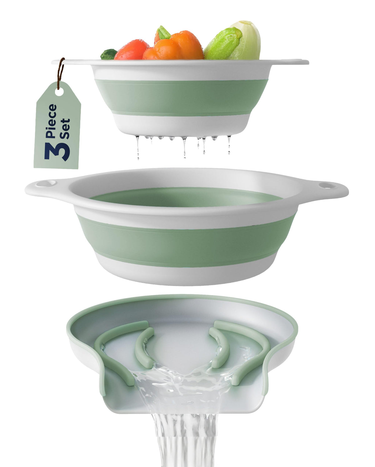 Gevoli large collapsible colander over sink with self-draining base for easy pasta draining