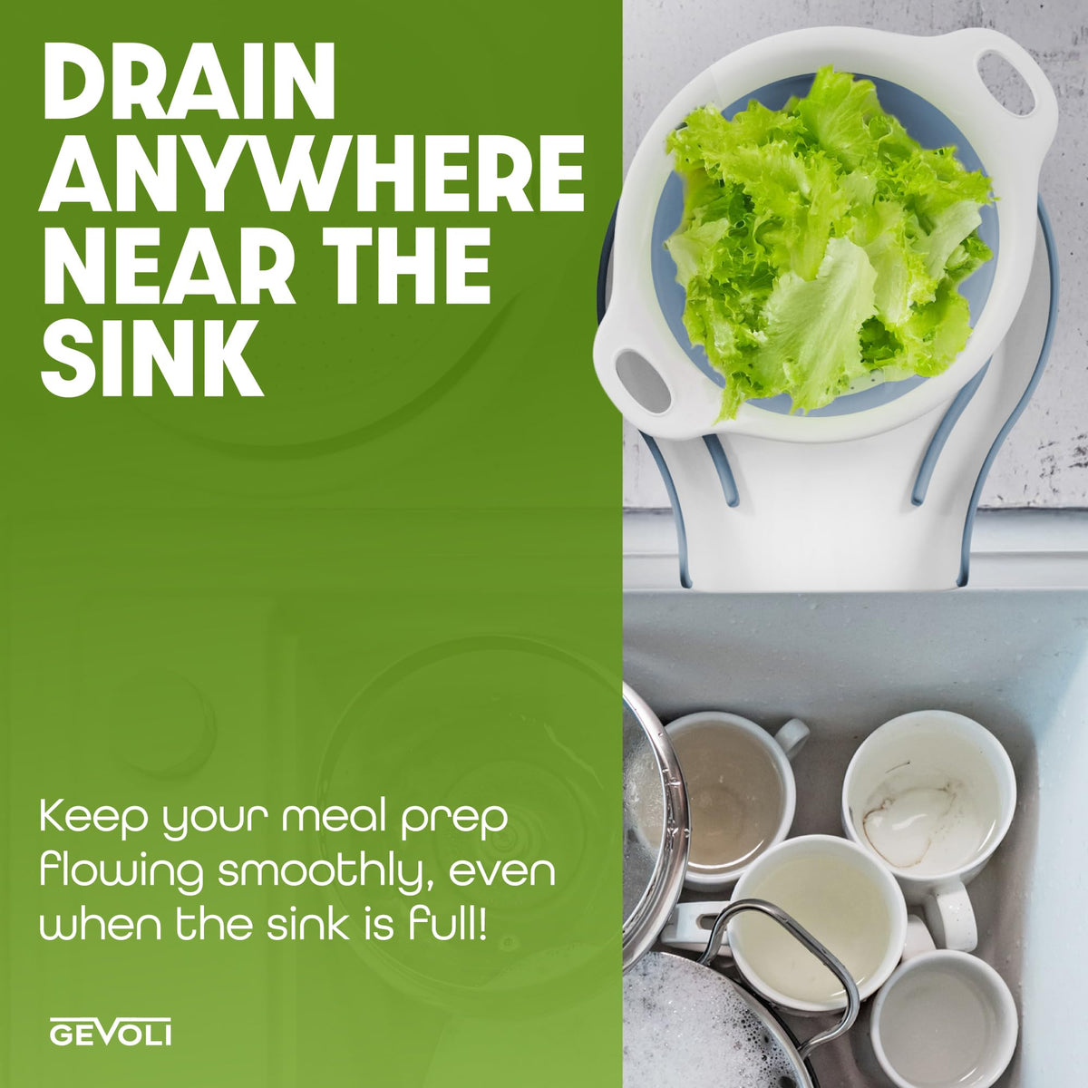Gevoli over-sink compatible design fits various sink styles.
