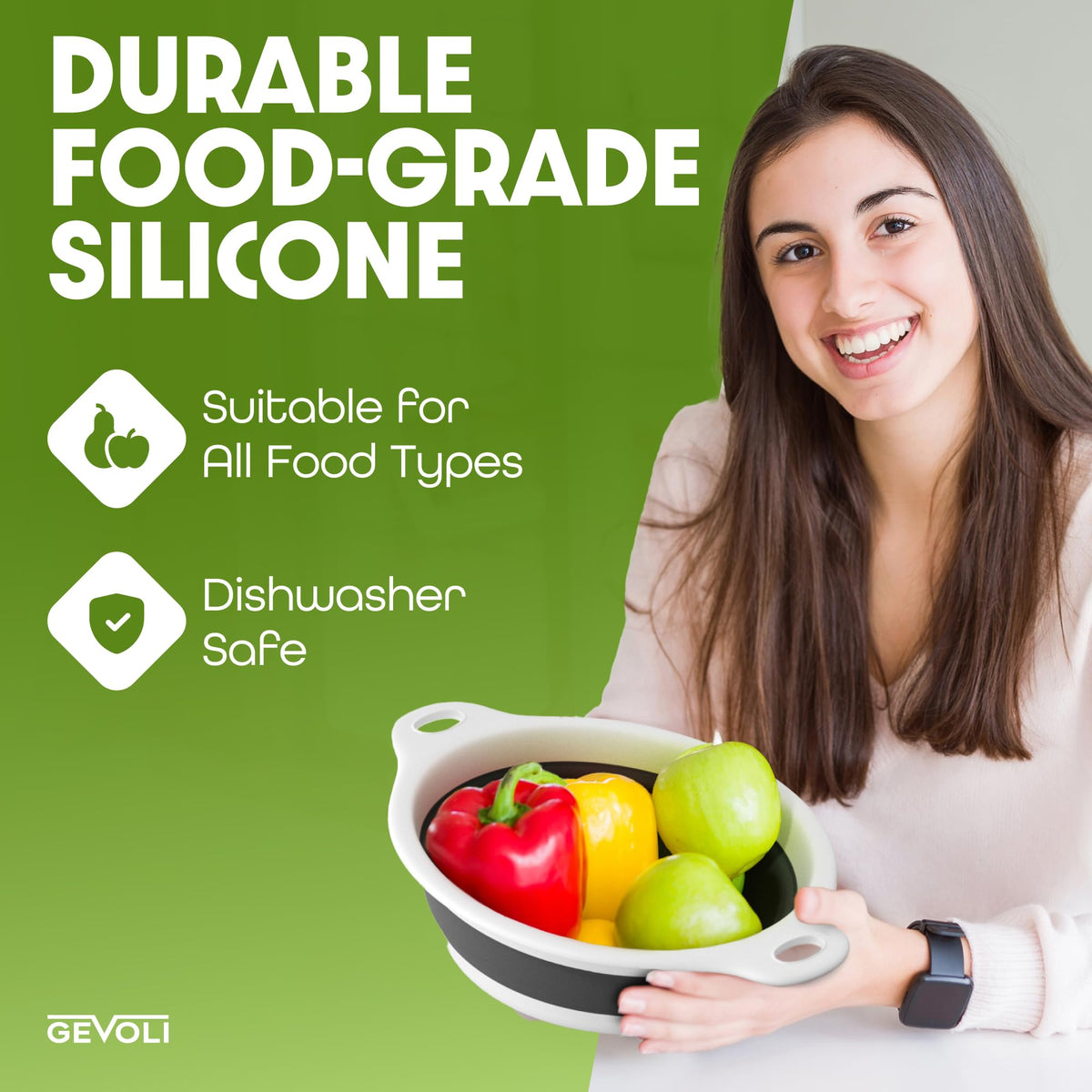Gevoli slip-resistant base stabilizes the colander on countertops.
