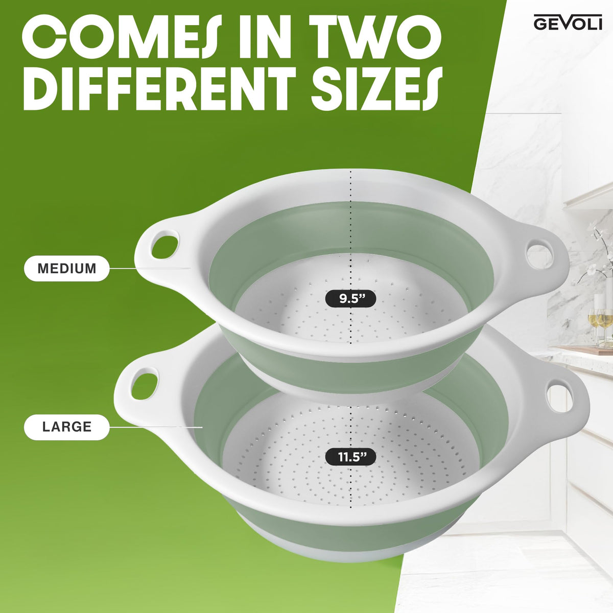 Gevoli slip resistant base keeps colanders steady on counter during use