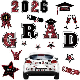 Geyee 2026 graduation magnets in varied styles decorate cars and metal surfaces.