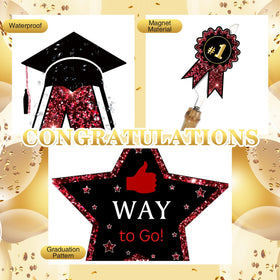 Geyee hats and diploma magnets add celebratory detail to decor.