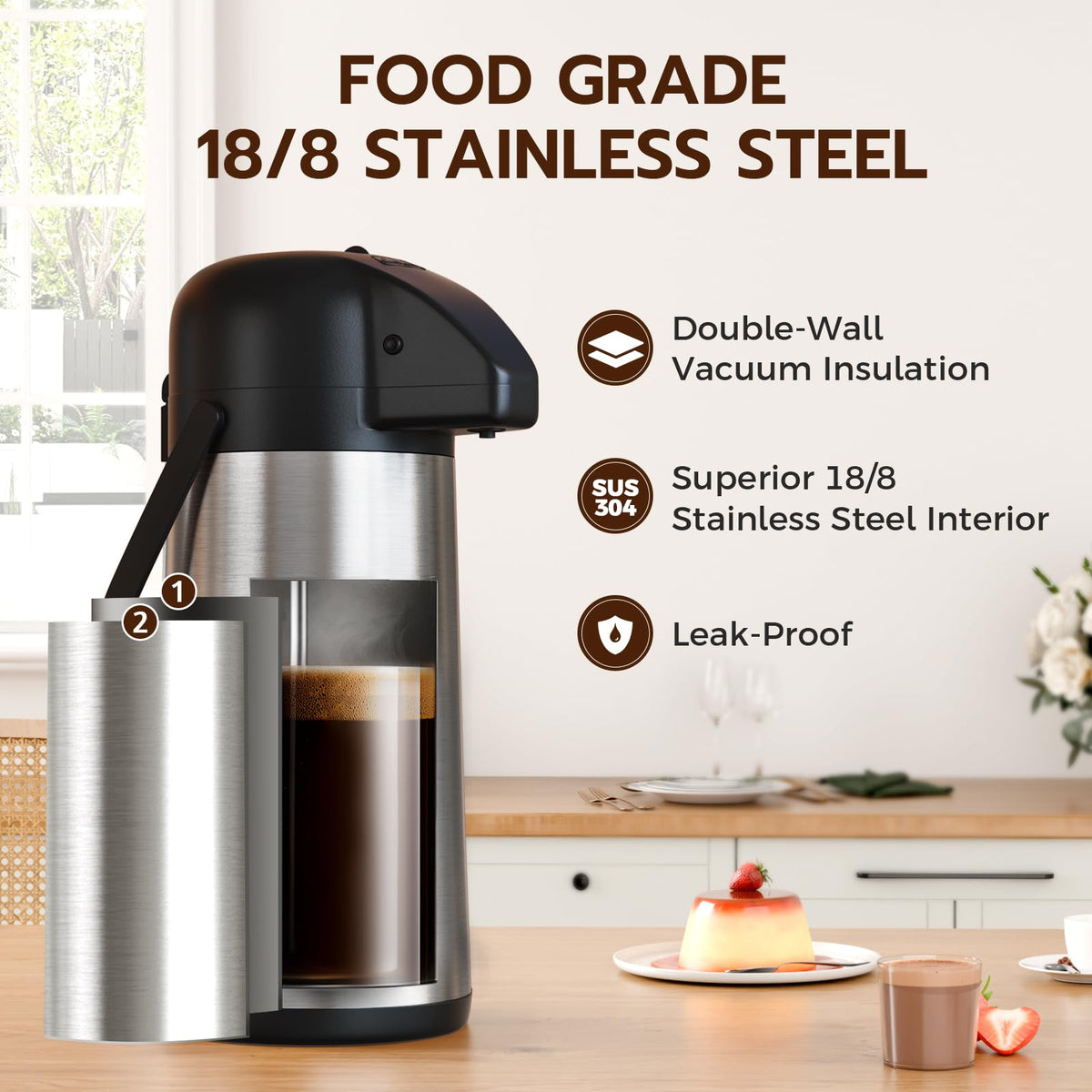 Gezoss insulated stainless steel carafe preserves beverage quality and temperature.