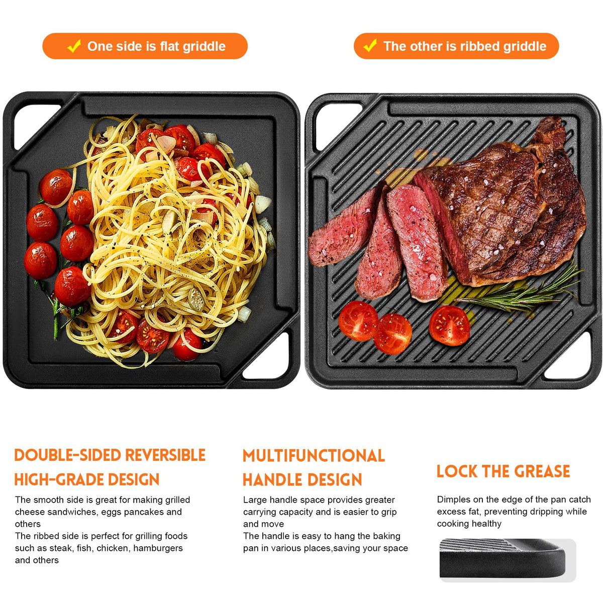 GGC cast iron griddle features diagonal handles for secure lifting.