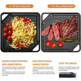GGC cast iron griddle features diagonal handles for secure lifting.