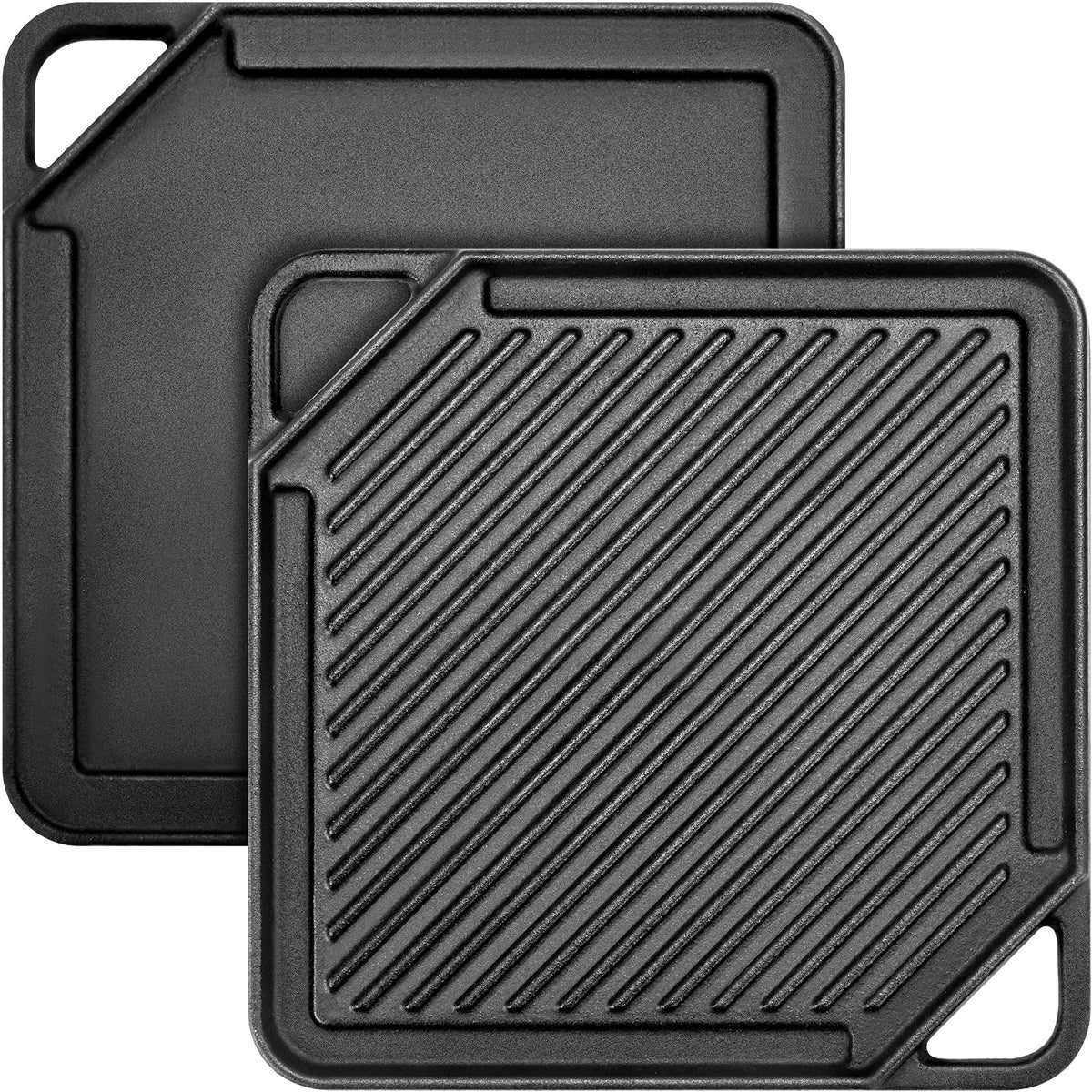GGC cast iron reversible griddle with flat and ribbed surface for versatile cooking.