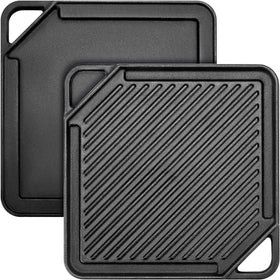 GGC cast iron reversible griddle with flat and ribbed surface for versatile cooking.