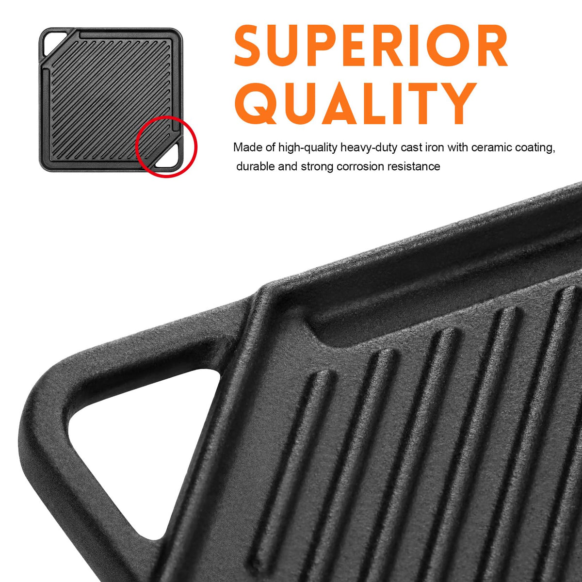 GGC griddle flat side ideal for pancakes, eggs, and delicate foods.