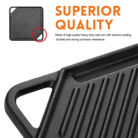 GGC griddle flat side ideal for pancakes, eggs, and delicate foods.