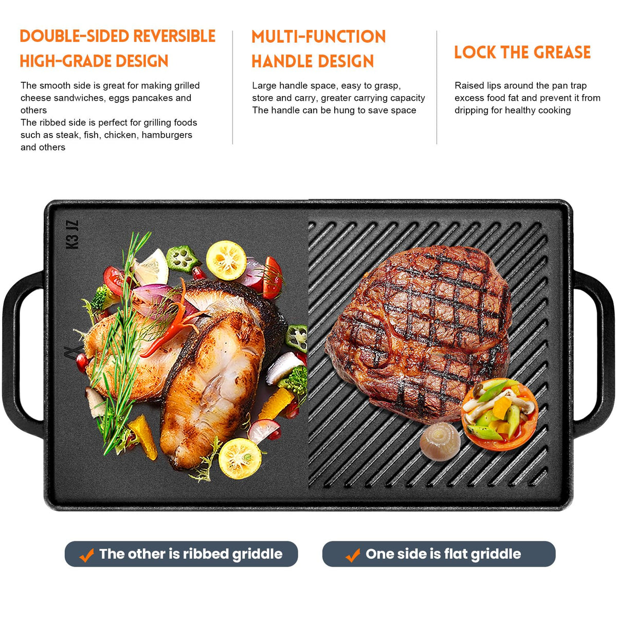 GGC griddle with large handles for easy lifting and transport.