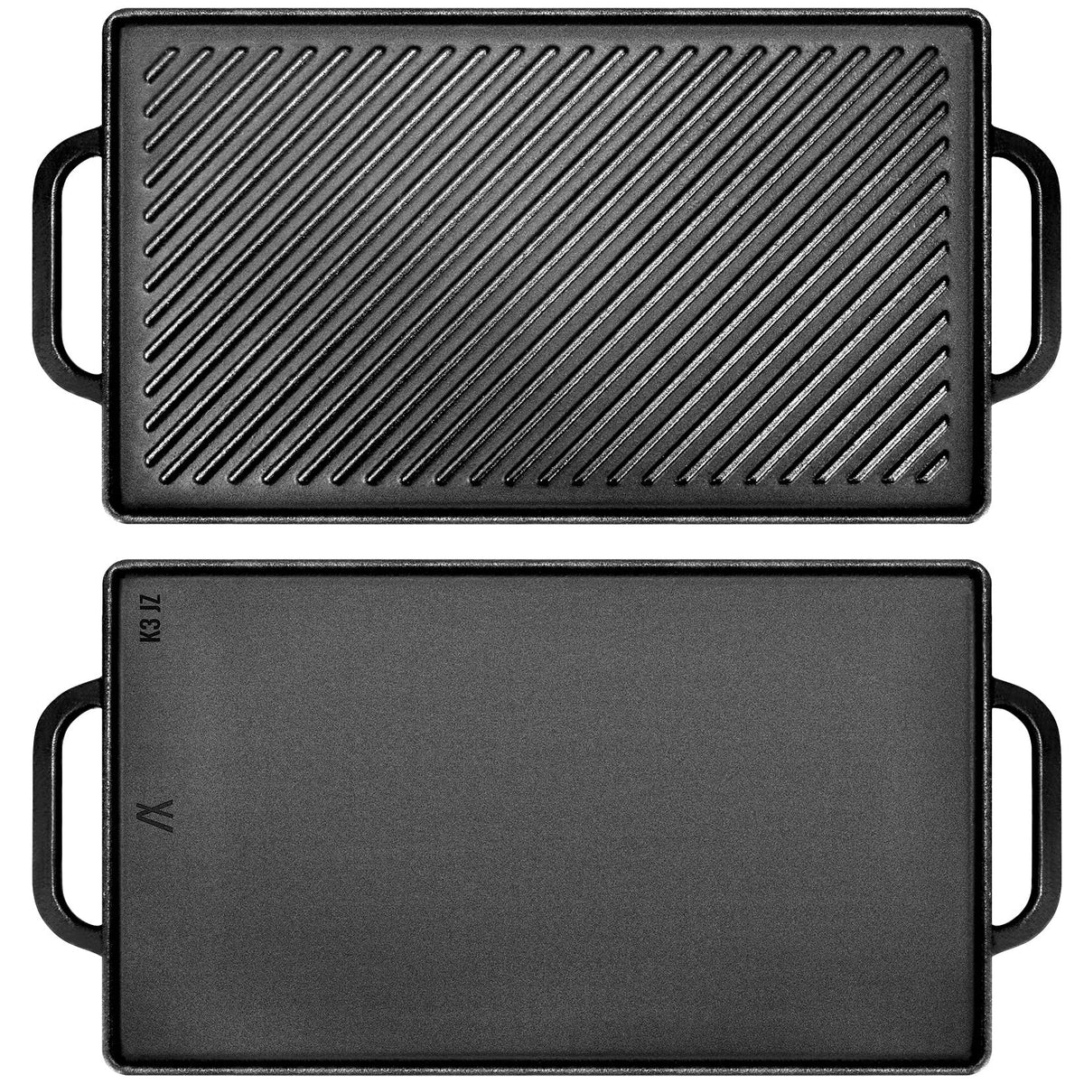 GGC cast iron reversible griddle ribbed side for searing steaks and achieving grill marks.
