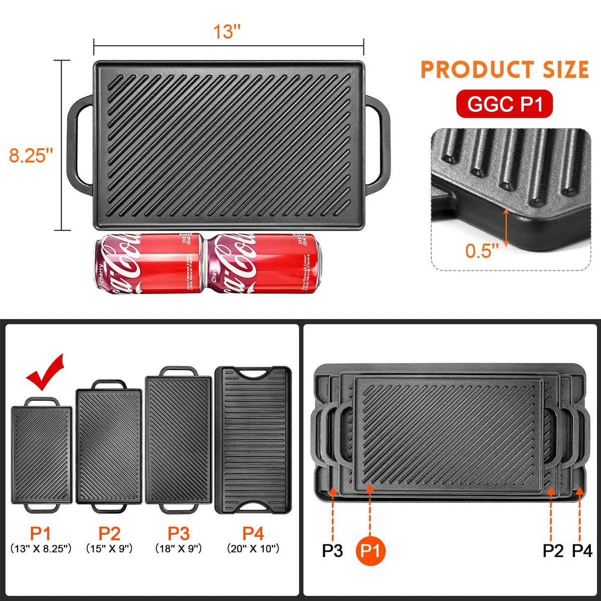 GGC cast iron reversible grill griddle flat side for pancakes and eggs