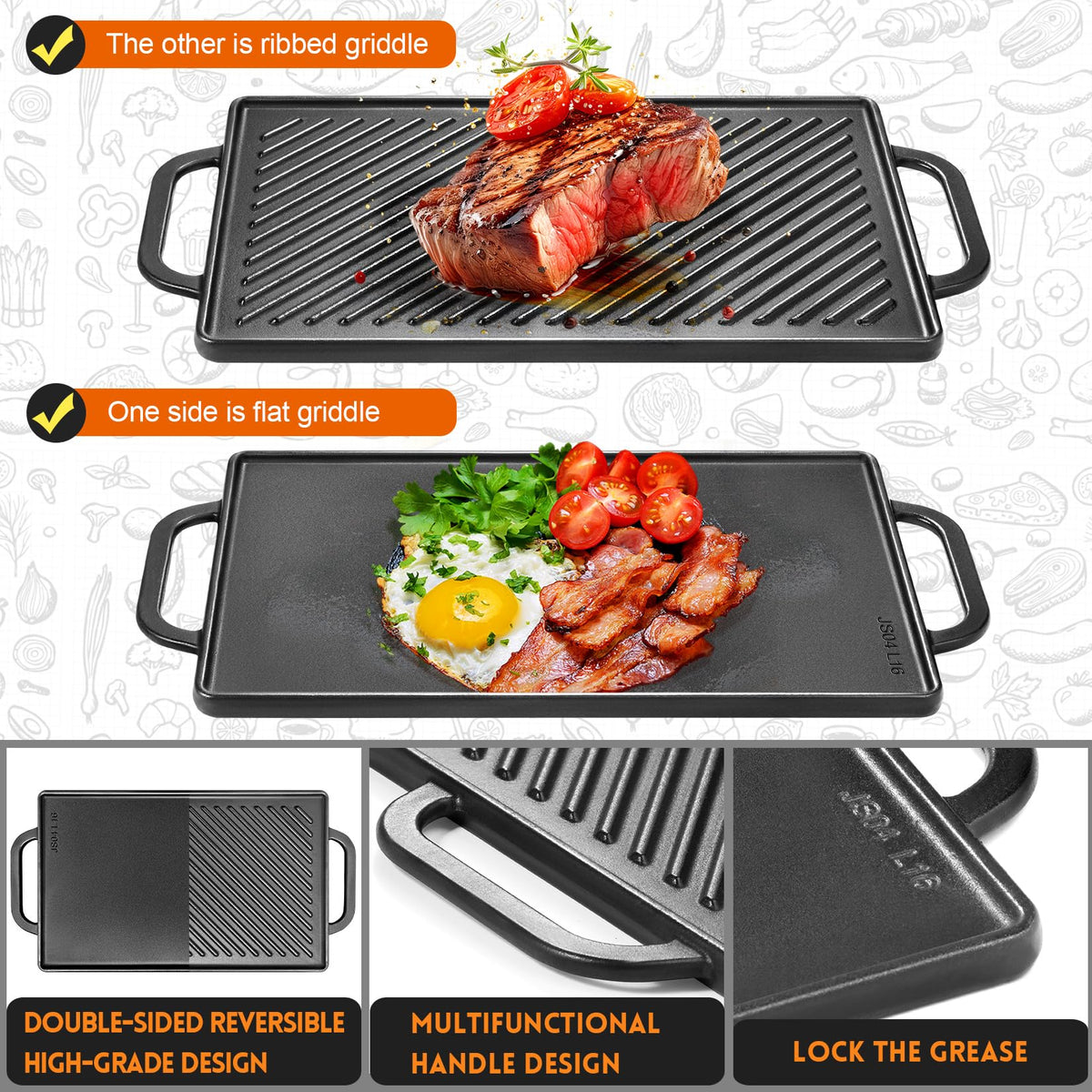GGC cast iron reversible grill griddle on gas grill outdoors