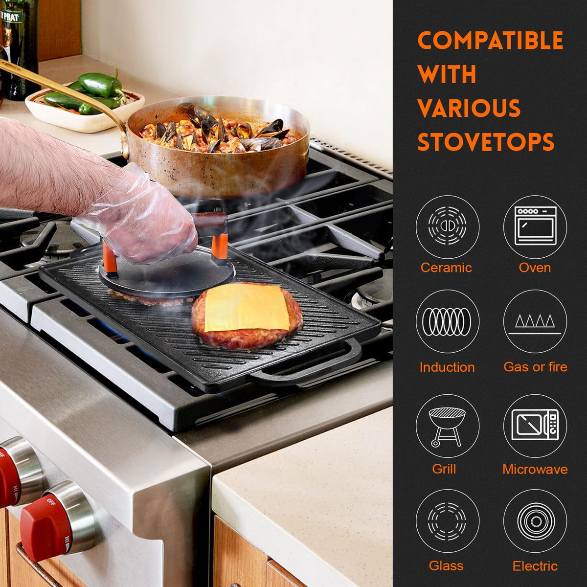 GGC cast iron reversible grill griddle searing steak on ribbed surface