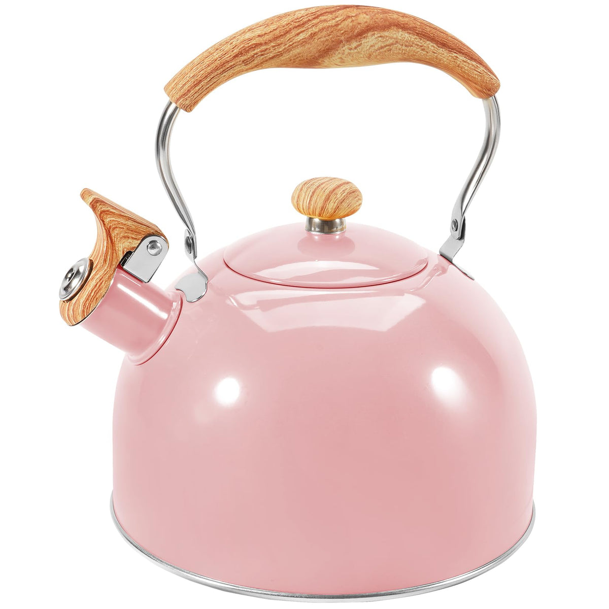 GGC tea kettle with pink finish and wood-pattern handle for safe pouring.