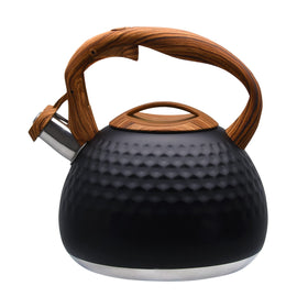 GGC tea kettle on stovetop shows a black diamond-textured body for a bold kitchen look.