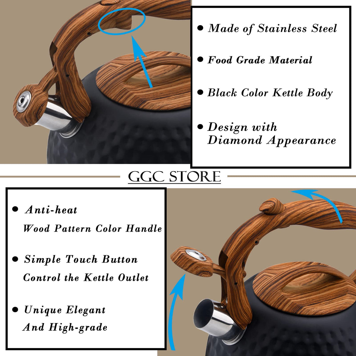 GGC tea kettle wood-pattern handle provides a comfortable grip for safe lifting.