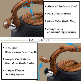 GGC tea kettle wood-pattern handle provides a comfortable grip for safe lifting.