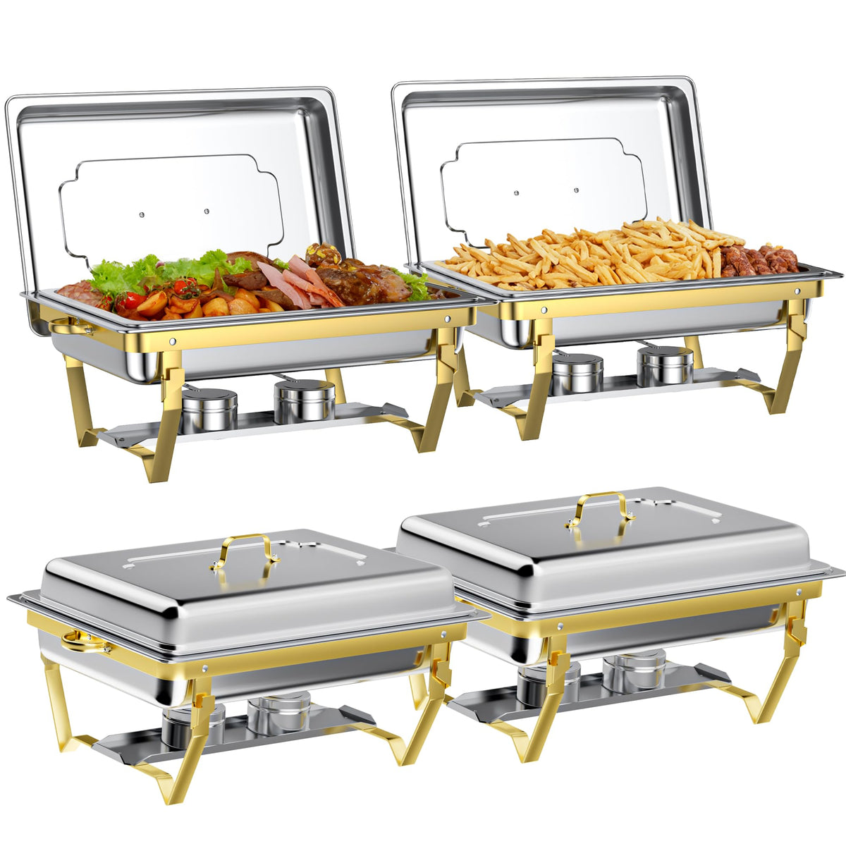 GGIU chafing dishes set with lids, mirror finish enhances presentation and keeps dishes warm.