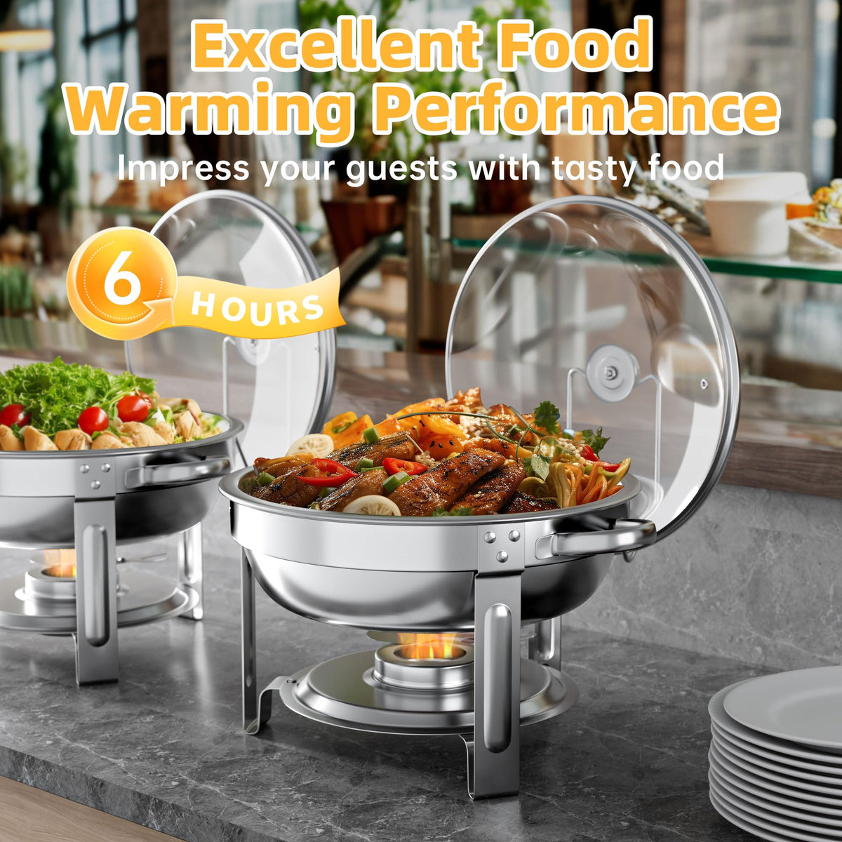 GGIU chafing dishes clear lid ventilation preserves temperature while guests view options.