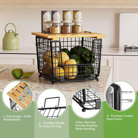 Large capacity produce basket keeps potatoes, onions, and fruits organized