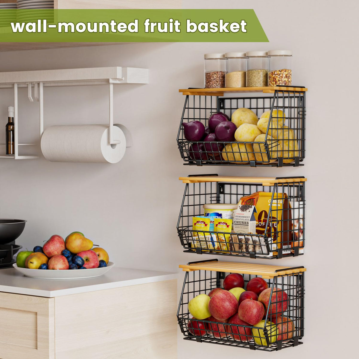 GGIU wire fruit basket 3-pack offers flexible storage for shelves and counters.