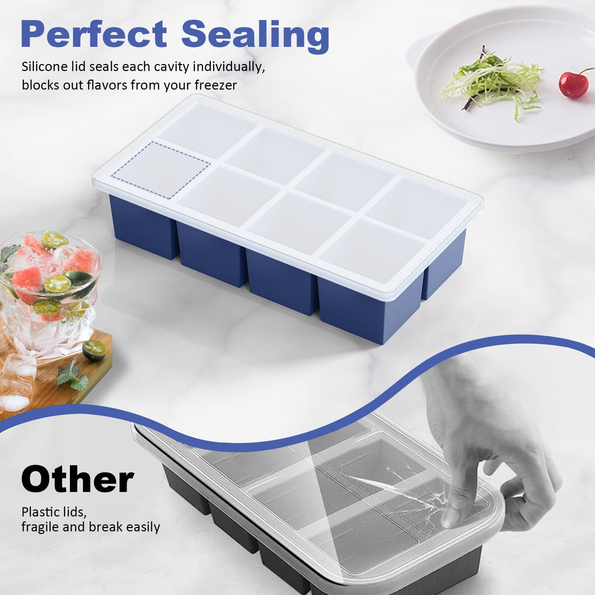 GGOW stackable large ice cube trays neatly stored in the freezer.