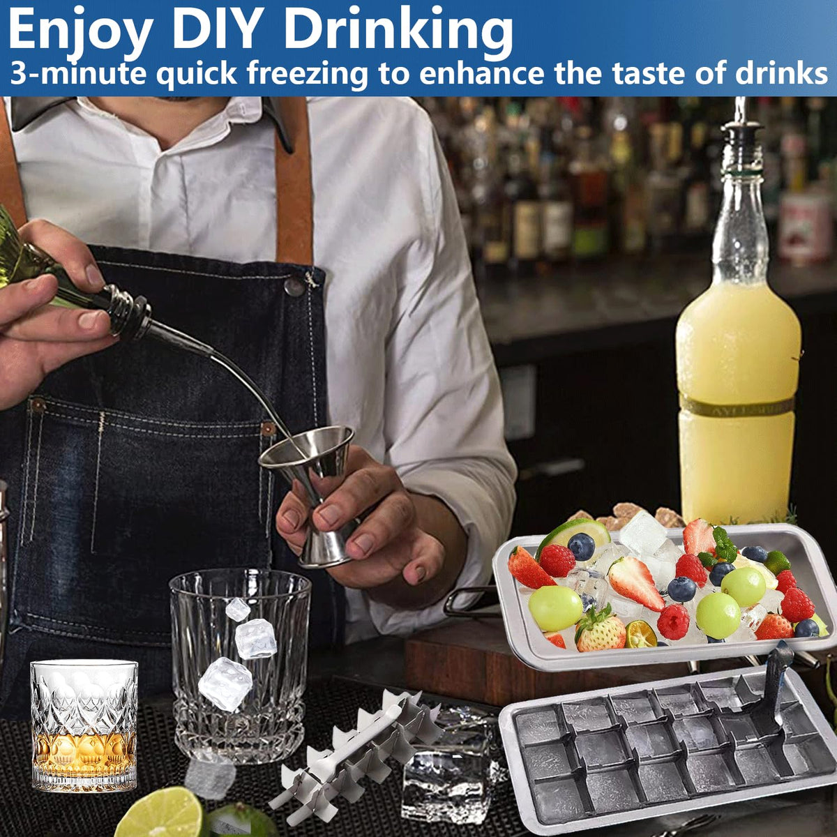 GHAHILI large-cubes ice tray creates big, slow-melting ice for whiskey and spirits.