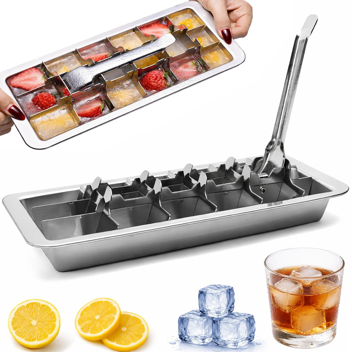 GHAHILI stainless steel ice tray with lever handle for easy release of large cubes for cocktails.