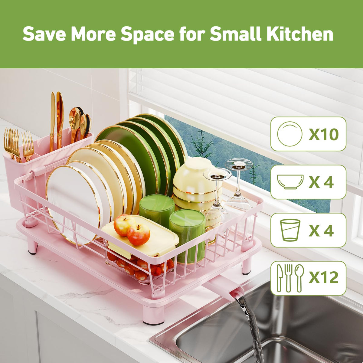GHERISN pink dish drainer rack with adjustable drain spout for direct sink drainage