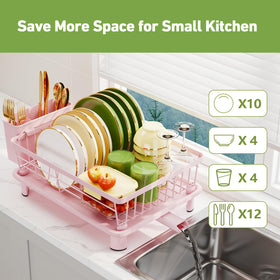 GHERISN pink dish drainer rack with adjustable drain spout for direct sink drainage