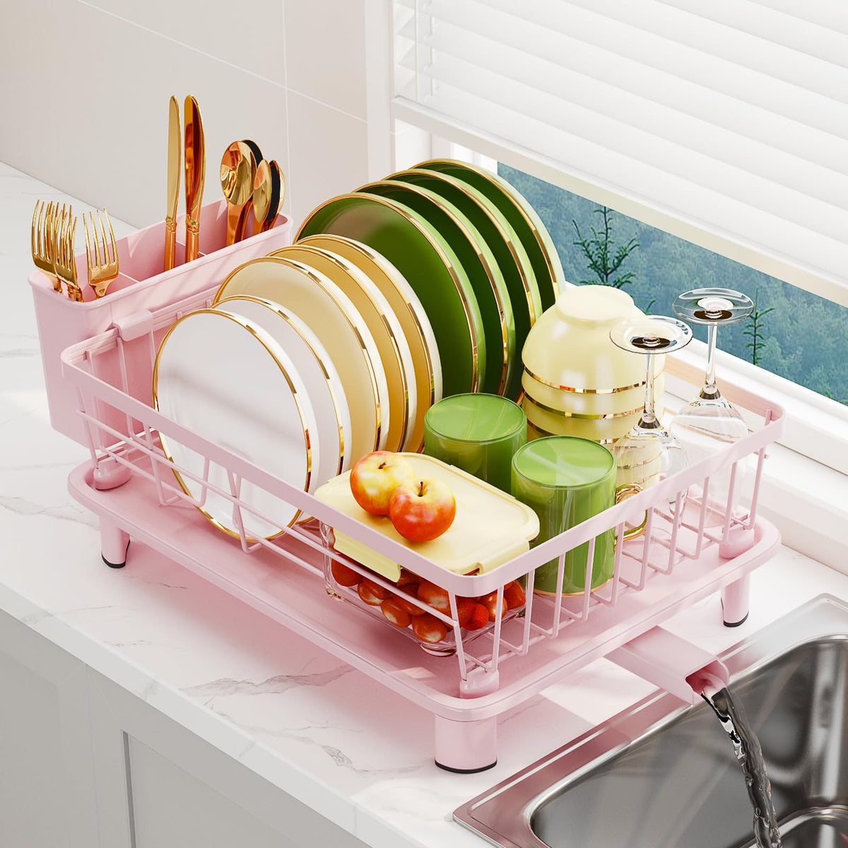 GHERISN pink dish drainer rack with drip tray showing extra capacity for plates and cups