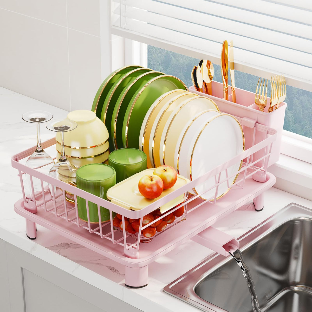 GHERISN pink dish drainer rack mounted near sink to keep counter dry
