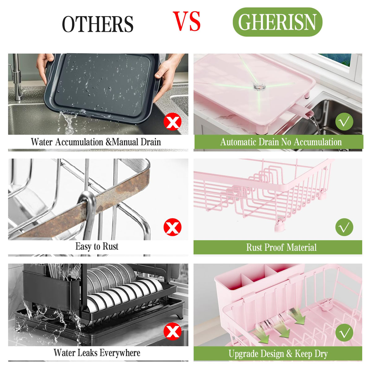 GHERISN pink dish drainer rack with plate holders and cup hooks for efficient organization
