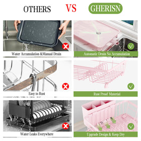 GHERISN pink dish drainer rack with plate holders and cup hooks for efficient organization