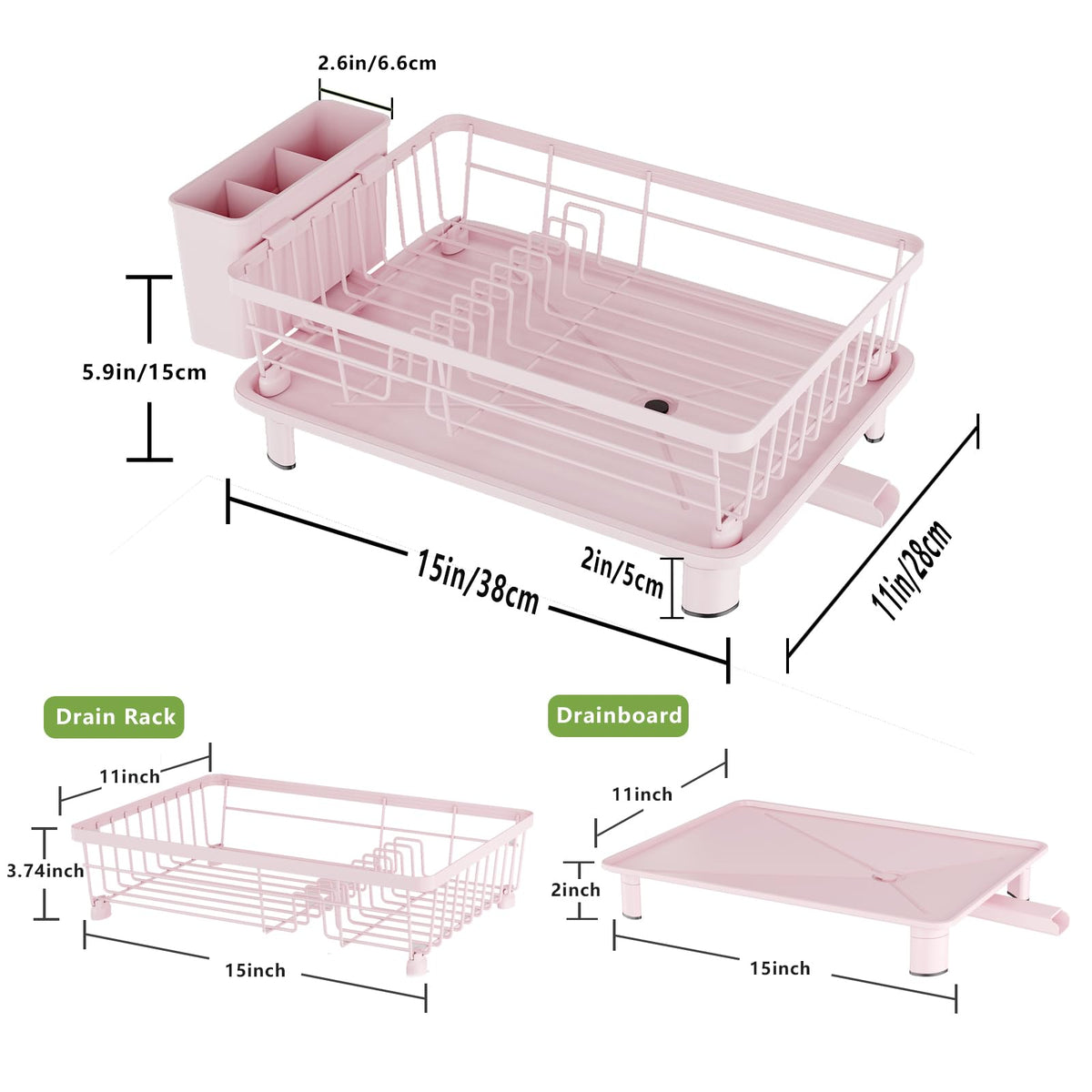 GHERISN pink dish drainer rack side view highlighting drainage spout directing water to sink