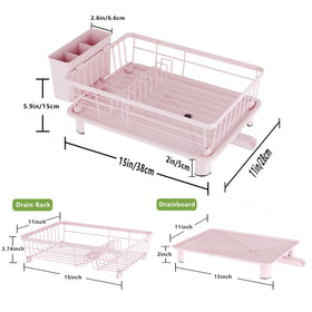 GHERISN pink dish drainer rack side view highlighting drainage spout directing water to sink